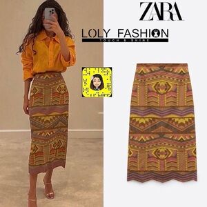 Zara Geometric Embroidered Midi Skirt in Mustard, Pink & Brown